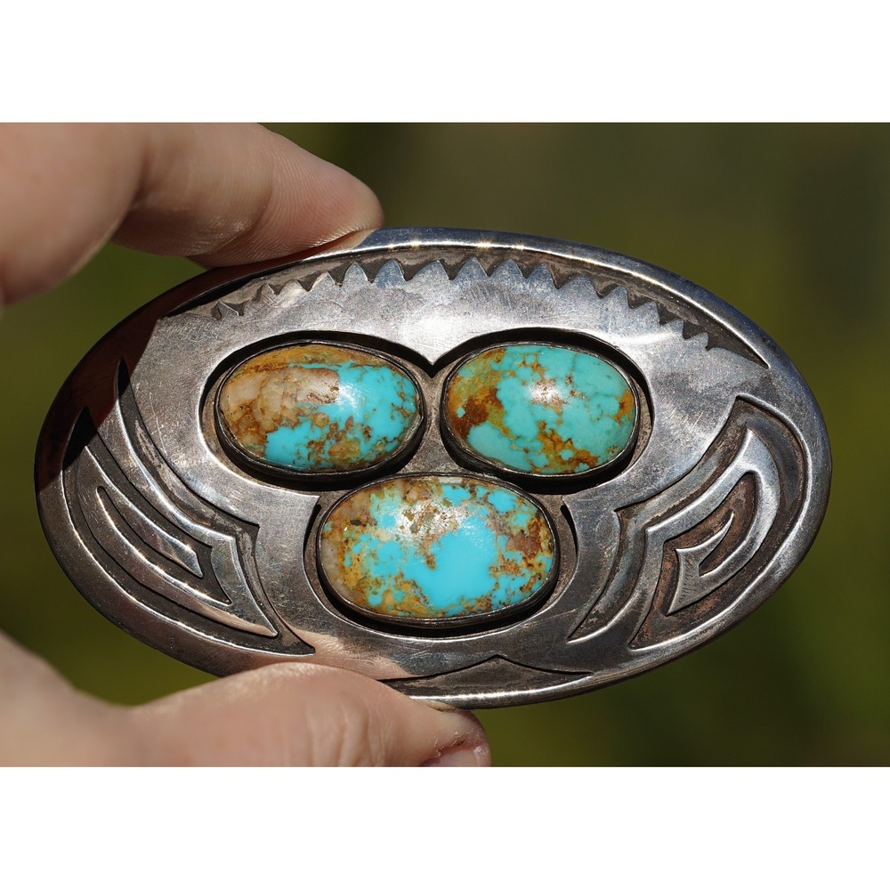 Navajo Native American Indian Sterling Silver Overlay Turquoise Belt Buckle Bolo